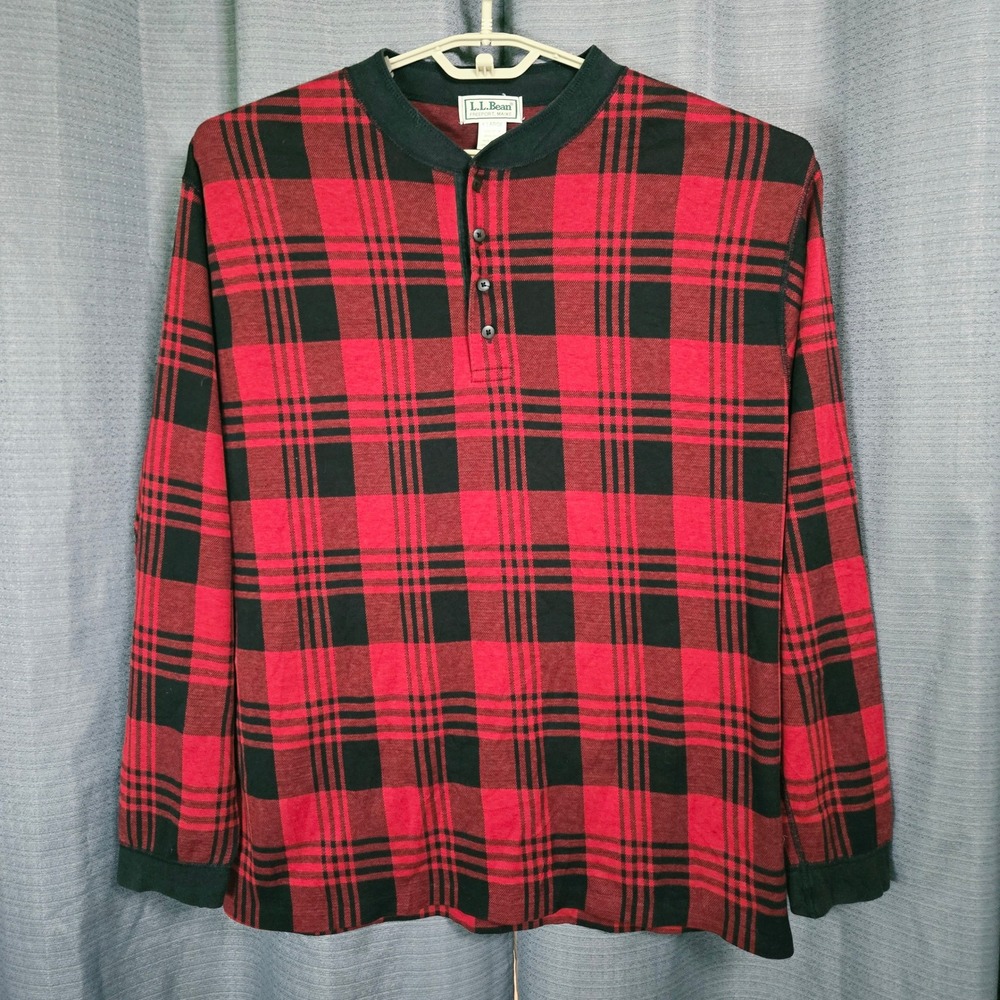 LL Bean Vintage Mens XL Henley Shirt Red Black Plaid Cotton Made in USA OH144